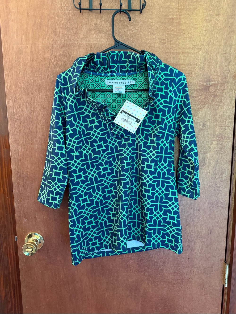 Gretchen Scott Designs Teal and Navy Geometric 3/4 Sleeve Tunic